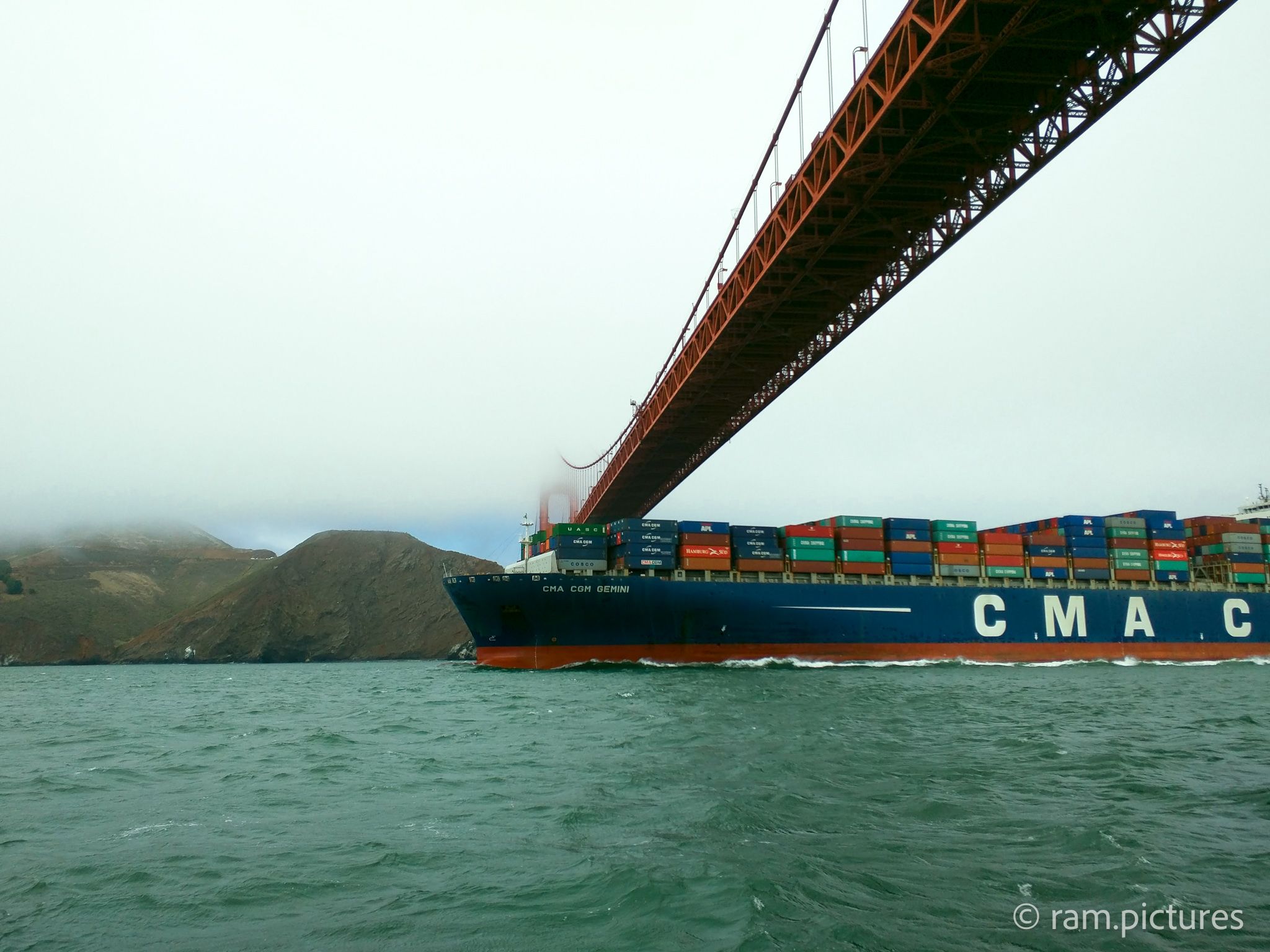 Container Ship under Golden Gate Bridge, California, US